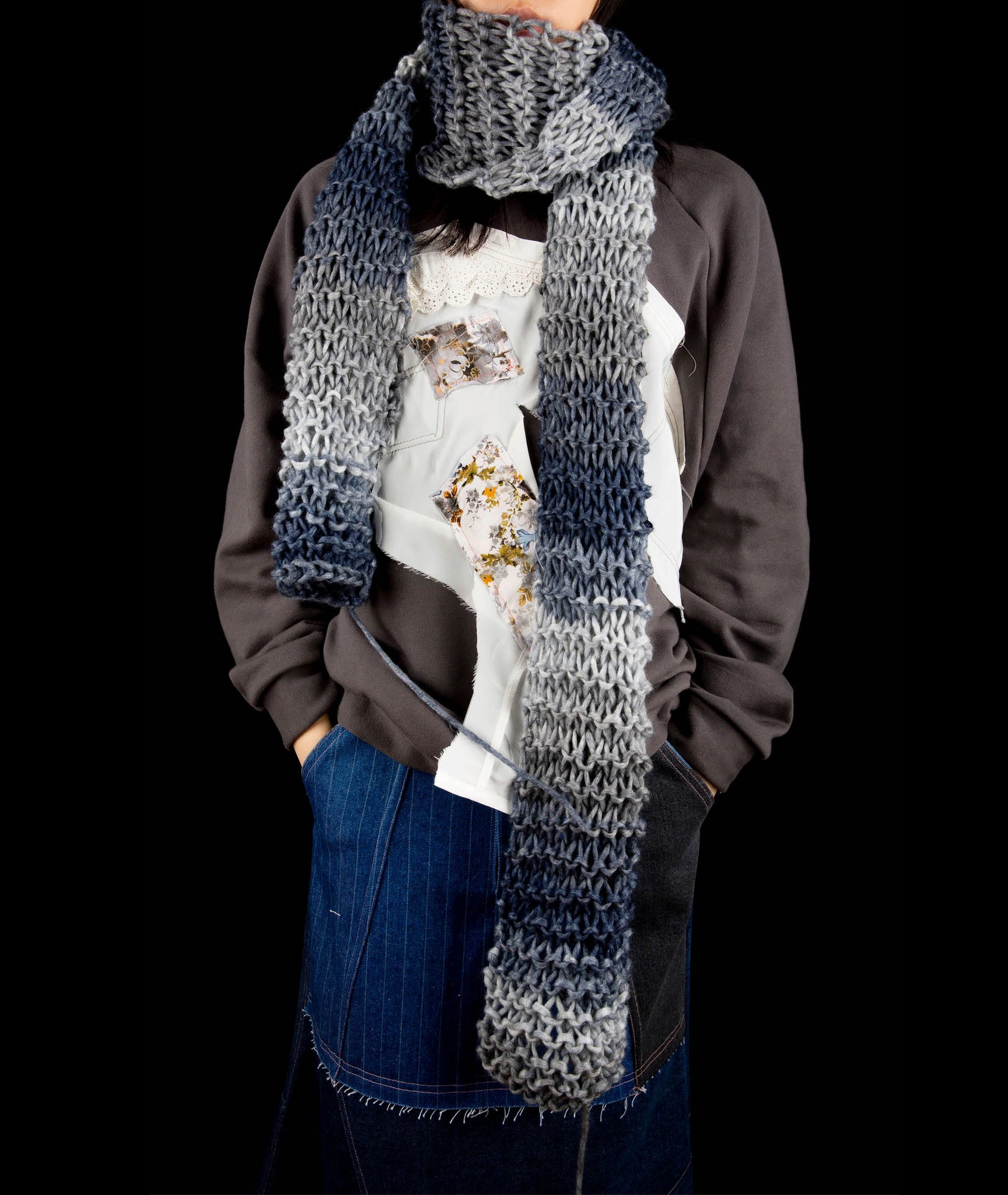 Blue inkjet hand knitted scarf